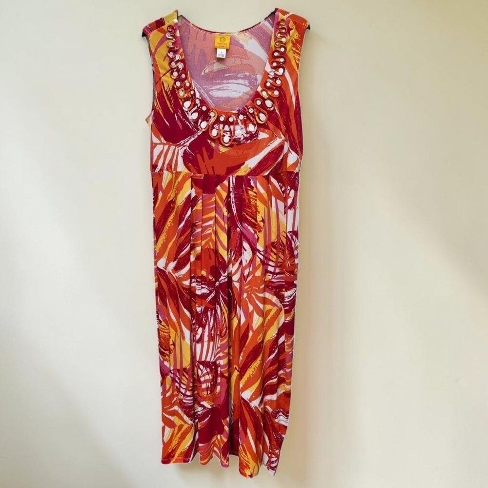 Ruby Rd Maxi Dress Womens 1X Orange Red Stretch Scoop Neck Beads Resortwear Boho